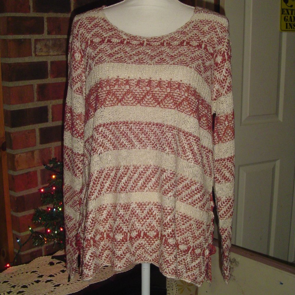 Striped Crewneck Sweater with Lace-Up Side XL